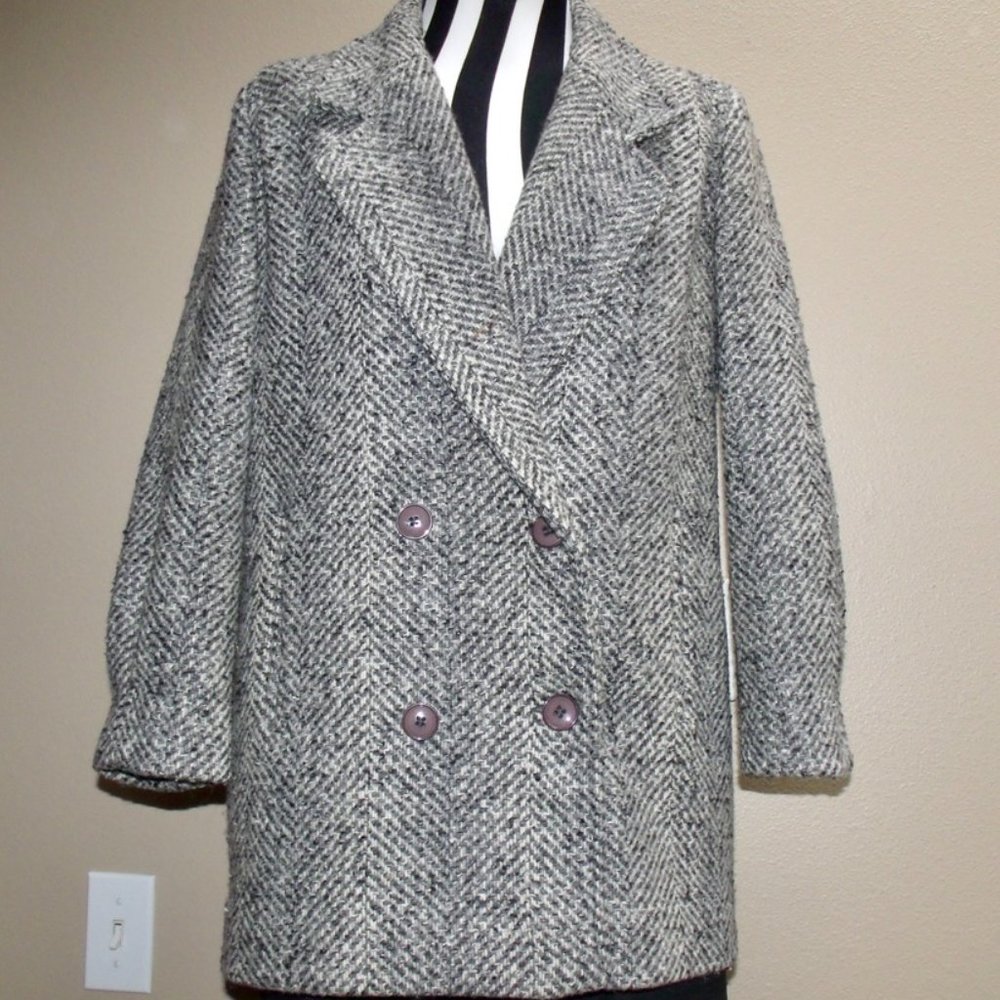 Vintage '80s FERNCROFT GRAY / BLACK / CREAM WOOL BLEND Coat Double Breasted Sz 8